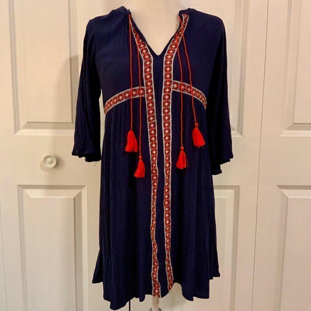 Old Navy Blue Red Embroidered Tassel Boho Cropped Sleeve Shift Dress XS